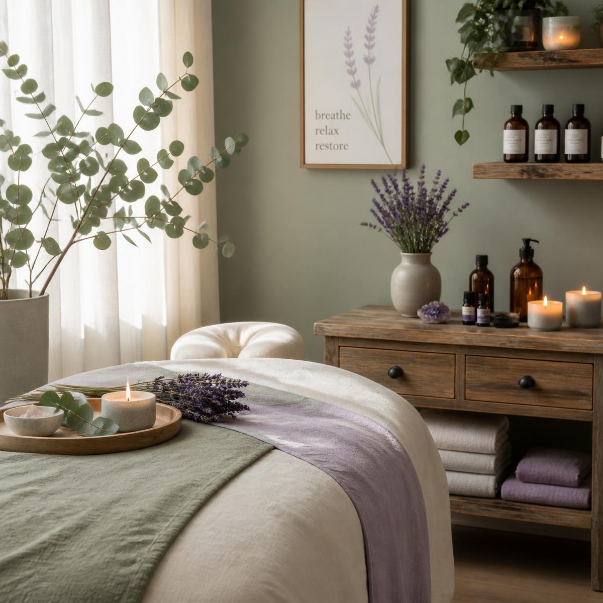 Ambiente de terapia do Ori-Ente com maca, velas e plantas